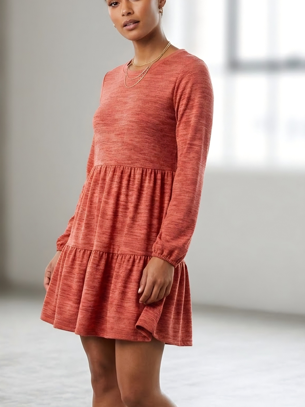 Tiered Long-Sleeve Knit Dress in Rust